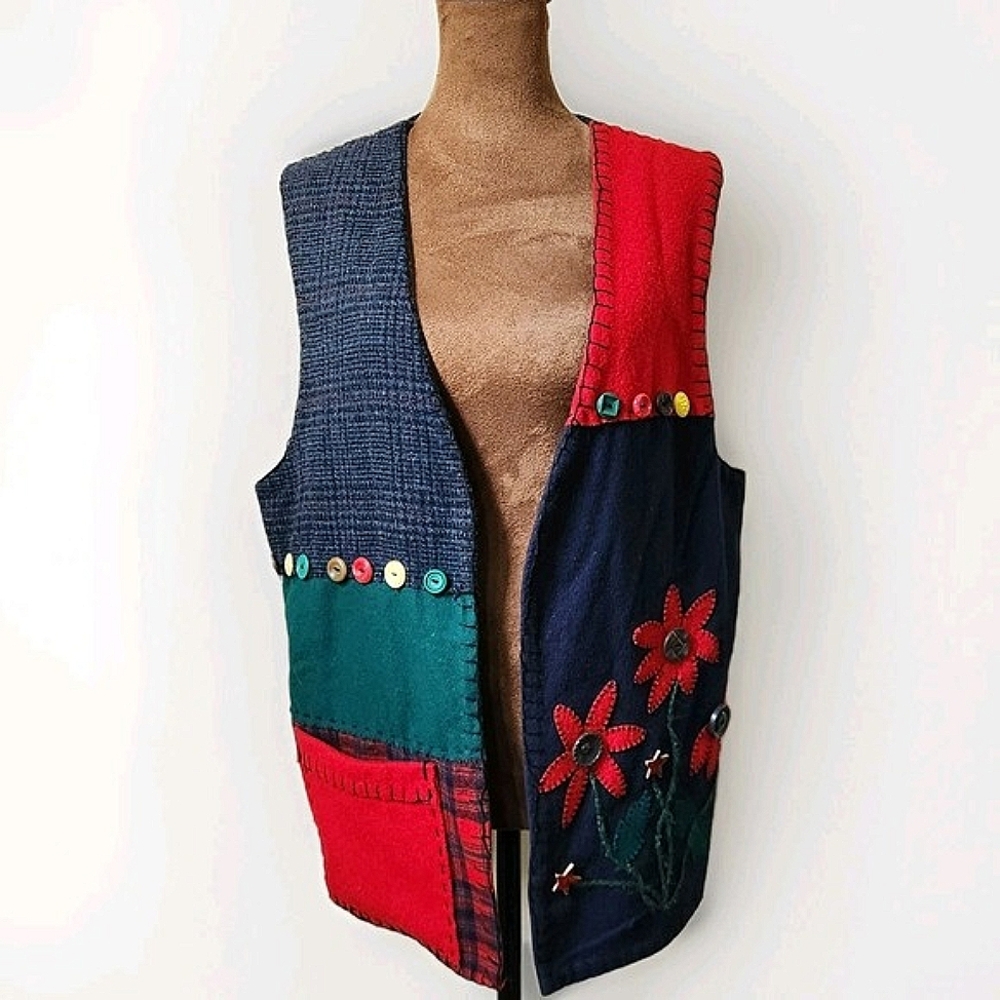 Vintage Patchwork Vest Women's Flower Pocket‎ Open Front Teachercore Buttons